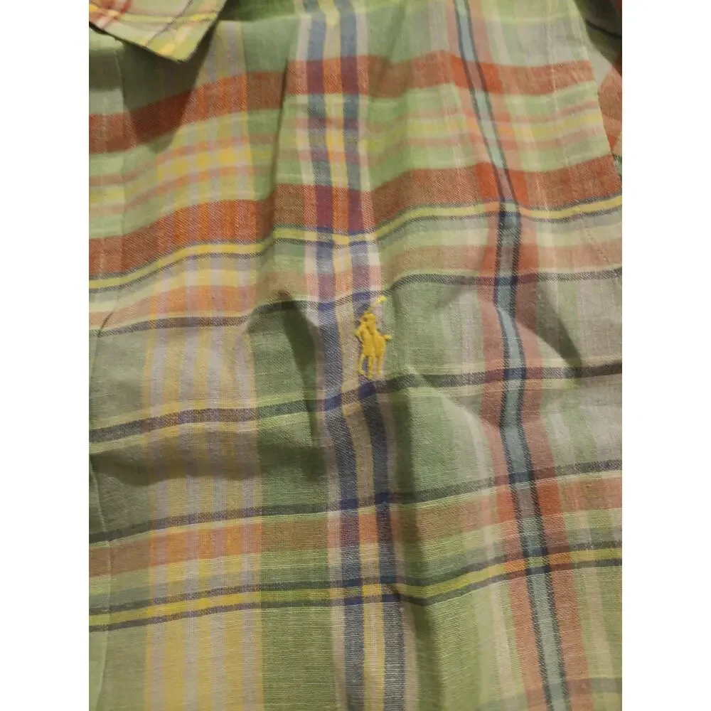 Polo Ralph Lauren Men’s 100% Linen Shirt M Custom Fit Long Sleeve Green Plaid